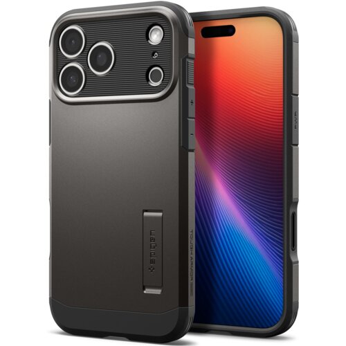 Szare etui na telefon z trzema dużymi otworami na aparaty oraz mniejszymi otworami na inne elementy, posiada wbudowaną podpórkę z napisem "Spigen". Obok etui widoczny jest telefon z kolorowym wyświetlaczem.