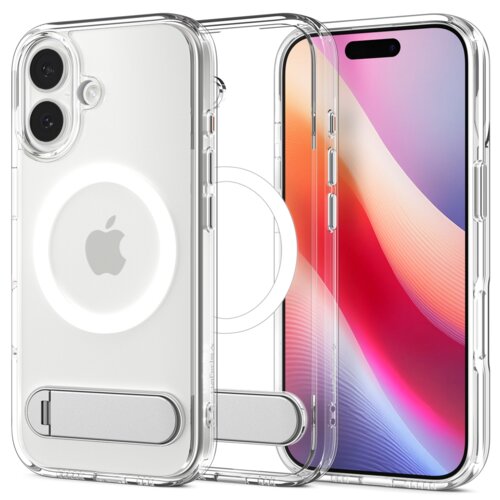 Przezroczyste etui z białymi elementami, przeznaczone do telefonu, z widocznym okrągłym wzorem i metalową podpórką. Obok etui znajduje się telefon z kolorowym ekranem.