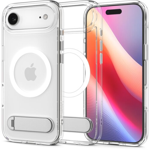 Przezroczysto-białe etui na telefon z widocznym logo w kształcie jabłka oraz okrągłym wzorem na środku, posiada wbudowaną podpórkę. Etui jest przeznaczone do modelu Apple iPhone 17 Air i jest kompatybilne z MagSafe.