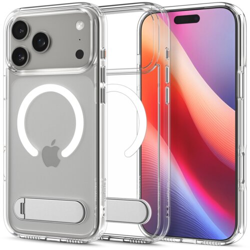 Przezroczyste etui na telefon z widocznym logo jabłka i okrągłym wzorem MagSafe, obok którego znajduje się telefon z kolorowym ekranem. Etui posiada wbudowaną podpórkę na tylnej części.