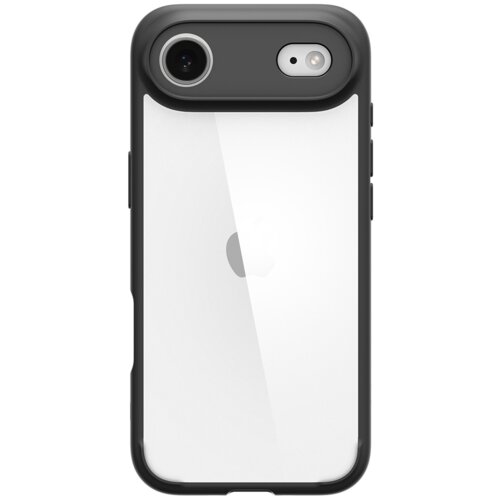 Czarne matowe etui na telefon z przezroczystym tyłem, przez który widać logo w kształcie nadgryzionego jabłka. W górnej części znajduje się wycięcie na aparat i lampę błyskową.