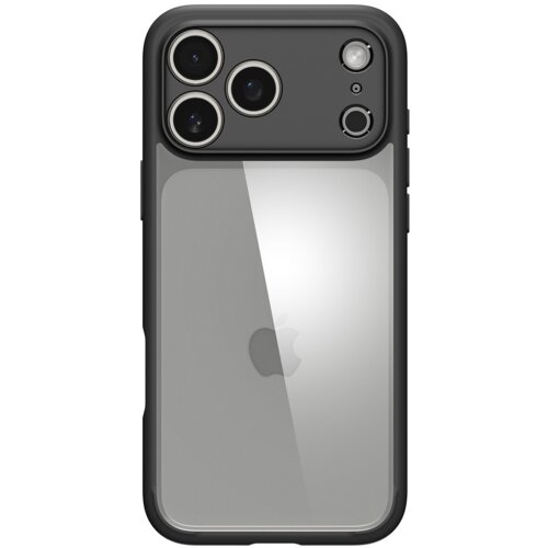 Czarny matowy futerał na telefon z przezroczystym tyłem, przez który widać logo w kształcie nadgryzionego jabłka. W górnej części znajdują się wycięcia na trzy obiektywy aparatu i lampę błyskową.