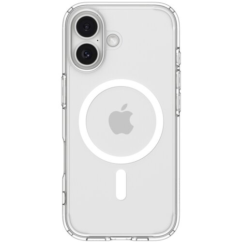 Przezroczyste etui na telefon z widocznym logo w kształcie nadgryzionego jabłka oraz okrągłym wzorem MagSafe. Etui ma wycięcia na dwa obiektywy aparatu i lampę błyskową.
