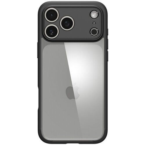Czarny matowy etui na telefon z przezroczystym tyłem, przez który widać logo w kształcie nadgryzionego jabłka. W górnej części etui znajdują się wycięcia na trzy obiektywy aparatu i lampę błyskową.
