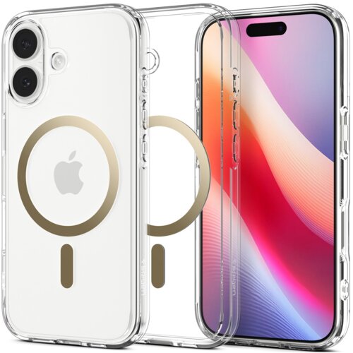 Przezroczyste etui z elementami w kolorze złotym, przeznaczone do telefonu Apple iPhone 17, z widocznym logo producenta w formie okręgu. Obok etui znajduje się telefon z kolorowym wyświetlaczem, na którym dominują odcienie różu, fioletu i pomarańczu.
