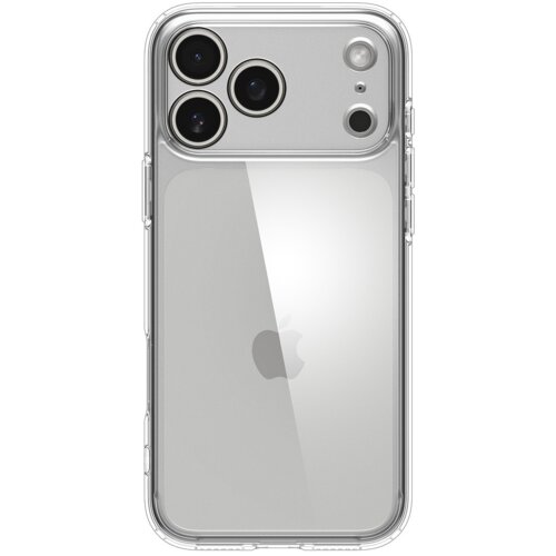 Przezroczyste etui na telefon z trzema dużymi otworami na aparaty oraz mniejszymi na inne elementy, z widocznym logo w kształcie nadgryzionego jabłka. Produkt jest przeznaczony do modelu Apple iPhone 17 Pro Max.