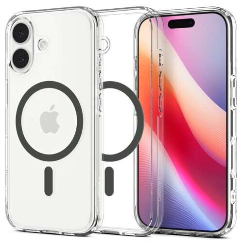 Przezroczyste etui z grafitowym akcentem, przeznaczone do telefonu Apple iPhone, z widocznym logo producenta w formie okręgu. Obok etui znajduje się telefon z kolorowym ekranem, na którym dominują odcienie różu i pomarańczu.