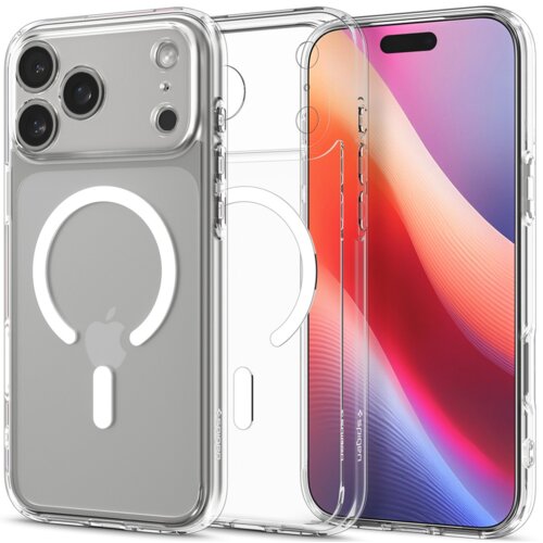 Przezroczyste etui z białymi elementami, zaprojektowane dla Apple iPhone 17 Pro, z widocznym logo producenta SPIGEN oraz okrągłym wzorem MagSafe. Etui prezentowane jest na tle gradientowego ekranu telefonu.