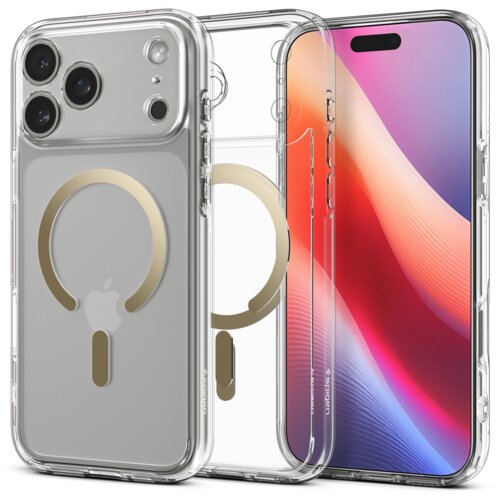 Przezroczysto-złote etui na telefon z trzema dużymi otworami na aparaty oraz złotym wzorem w kształcie pierścienia na tylnej części. Na etui widoczne jest logo producenta "Spigen".