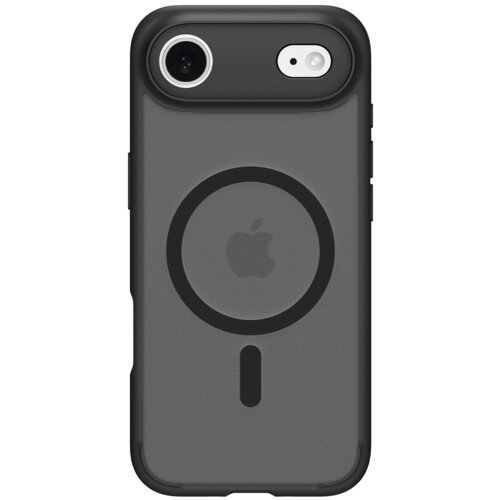 Czarne etui na telefon z przezroczystym tyłem, na którym widoczny jest okrągły wzór z symbolem jabłka pośrodku. W górnej części znajduje się wycięcie na aparat i lampę błyskową.