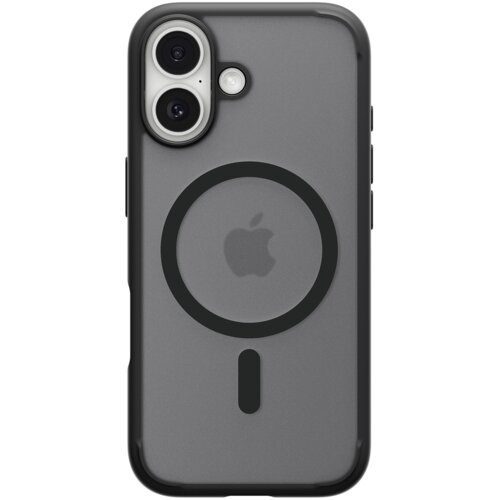 Przezroczyste etui na telefon z czarnymi krawędziami, posiada okrągły wzór MagSafe oraz wycięcia na aparat i przyciski. Na środku widoczne jest logo w kształcie nadgryzionego jabłka.
