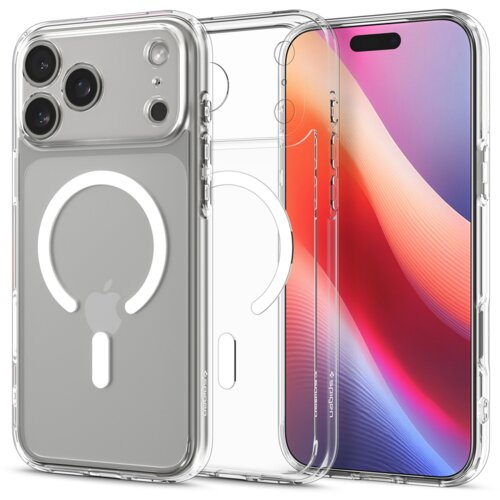 Przezroczysto-białe etui na telefon z trzema dużymi otworami na aparaty oraz widocznym okrągłym wzorem MagSafe. Na etui znajduje się napis "Spigen" oraz logo w kształcie jabłka.