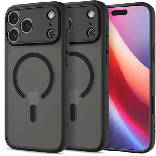 Na zdjęciu widoczne są dwa czarne etui z okrągłym wzorem i logo jabłka, przeznaczone do telefonu, oraz sam telefon z kolorowym ekranem. Na etui znajduje się napis "Spigen".