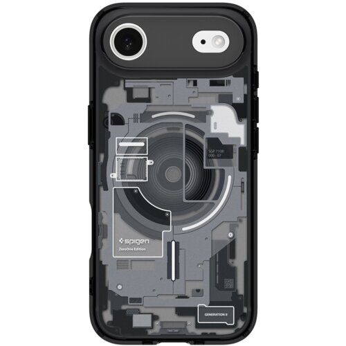 Przezroczyste etui na telefon z widocznymi elementami wewnętrznymi, na którym znajduje się napis "spigen ZeroOne Edition" oraz "GENERATION II". W górnej części widoczne są dwa otwory na aparat i lampę błyskową.
