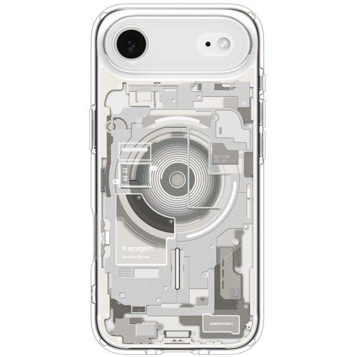 Przezroczyste etui na telefon z widocznymi elementami wewnętrznymi, w tym okrągłym wzorem na środku oraz napisami: "spigen" i "ZeroOne Edition". W dolnej części znajduje się napis "GENERATION II".