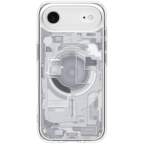 Przezroczyste etui na telefon z widocznymi elementami technologicznymi i napisami: "spigen", "Zircon Edition", "SGP 710B 000-07" oraz "GENERATION 2". W górnej części widoczny jest aparat i lampa błyskowa telefonu.