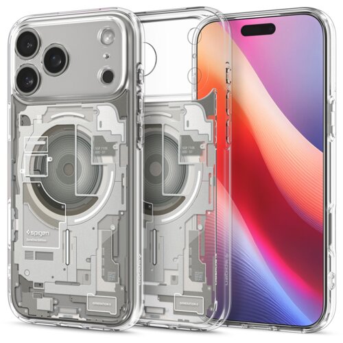 Przezroczyste etui na telefon z widocznymi elementami technologicznymi i napisami: "SPIGEN", "ZeroOne Edition", "SGP-710B", "GENERATION 1". Etui jest założone na telefon z wyświetlaczem pokazującym kolorowy gradient.