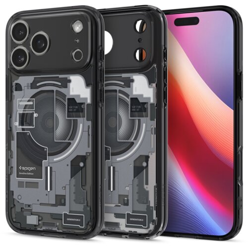 Na zdjęciu widoczne jest etui SPIGEN Ultra Hybrid Mag MagSafe do Apple iPhone 17 Pro w kolorze czarnym, z przezroczystym tyłem ukazującym schematyczny wzór technologiczny. Na etui znajduje się tekst: "Spigen ZeroOne Edition", "SGP-710B 000-07", "GENERATIO