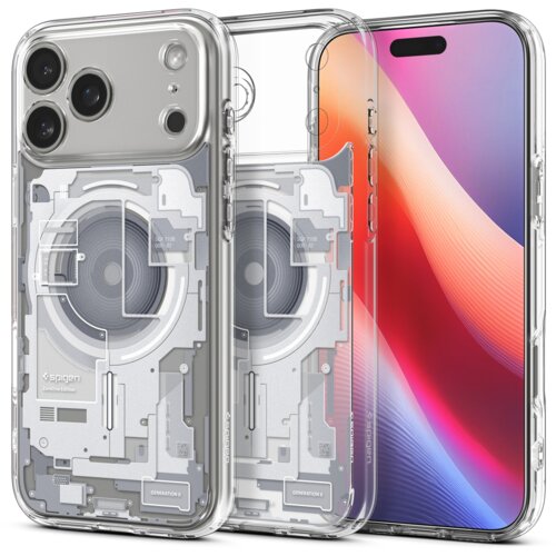 Przezroczyste etui na telefon z widocznymi elementami wewnętrznymi, takimi jak okrągłe złącze MagSafe i napisy "Spigen" oraz "GENERATION 1". Obok etui znajduje się telefon z kolorowym ekranem.