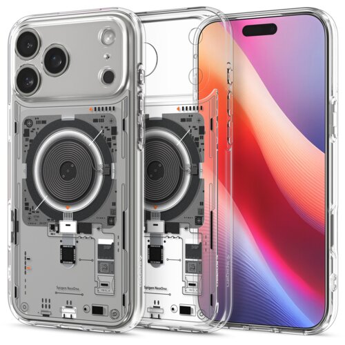 Przezroczyste etui na telefon z widocznymi elementami technologicznymi i okrągłym wzorem na środku, z napisem "Spigen NeoOne" na dole. W tle widać ekran telefonu z gradientowym tłem w odcieniach czerwieni i fioletu.