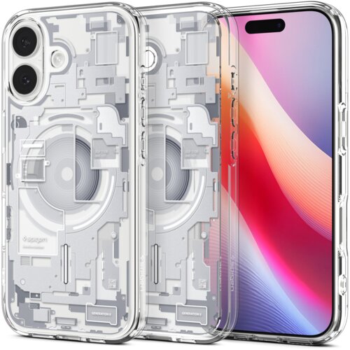 Przezroczyste etui z widocznymi elementami technologicznymi, przeznaczone do telefonu Apple iPhone 17, z napisem "Spigen" oraz oznaczeniem "GENERATION 1". W tle widoczny jest ekran telefonu z gradientem kolorów od różowego do niebieskiego.