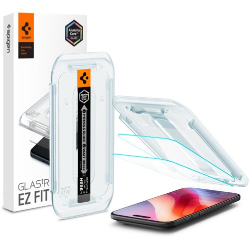 Opakowanie produktu z logo "spigen" i napisem "Something You Want" zawiera narzędzie do aplikacji szkła hartowanego z instrukcją "PRESS & SLIDE, WAIT 30 sec, REMOVE FROM HERE". Obok znajduje się smartfon z nałożonym szkłem ochronnym.