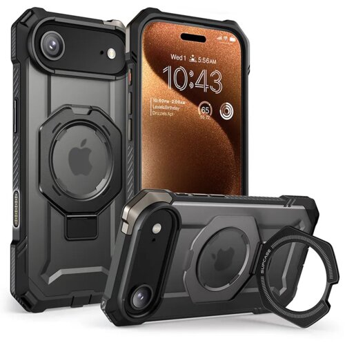 Na zdjęciu widoczne jest czarne etui SUPCASE UB Grip Mag MagSafe do Apple iPhone, prezentowane z różnych perspektyw. Na ekranie telefonu w etui wyświetlana jest godzina 10:43 oraz data "Wed 1", a także ikony pogodowe i powiadomienia.