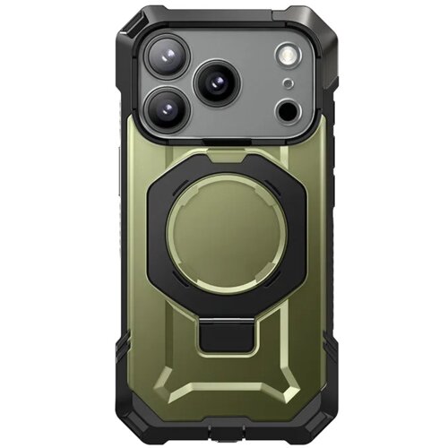 Zielone etui ochronne z czarnymi akcentami, przeznaczone do telefonu Apple iPhone 17 Pro, posiada wycięcia na aparat i okrągły uchwyt MagSafe. Konstrukcja etui jest solidna, z wyraźnymi krawędziami i wzmocnieniami na rogach.
