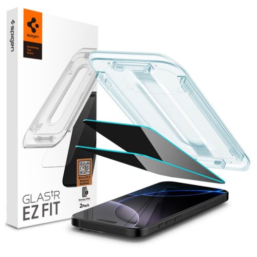 Na zdjęciu znajduje się opakowanie produktu z logo "spigen" oraz napisami "Something You Want" i "GLAS.tR EZ FIT". Obok opakowania widoczny jest telefon z nałożonym szkłem ochronnym oraz przezroczysta ramka montażowa.