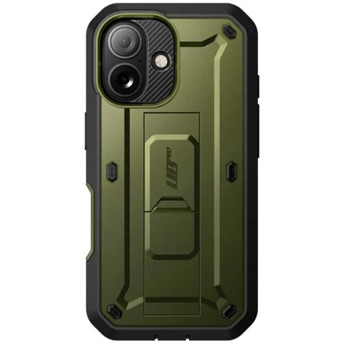 Zielone etui ochronne z czarnymi akcentami, przeznaczone do telefonu, z widocznym napisem "UB Pro" na tylnej części. Etui ma wyraźne, geometryczne kształty i otwory na aparat oraz inne elementy telefonu.