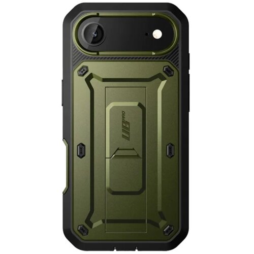 Zielone etui SUPCASE Ub Pro do Apple iPhone Air z solidną konstrukcją, posiada wbudowaną podpórkę oraz wycięcia na aparat i lampę błyskową. Na etui widoczny jest napis "UB Pro".