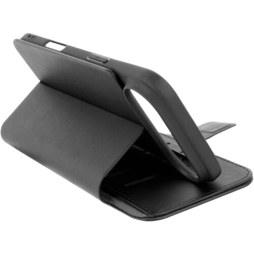 Czarne etui typu książkowego z funkcją podstawki, przeznaczone do telefonu, wykonane z materiału imitującego skórę. Etui posiada wycięcia na przyciski i porty oraz kieszonki na karty wewnątrz.