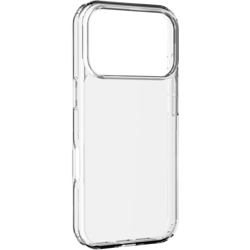 Przezroczyste etui na telefon z wyraźnie zaznaczonym miejscem na aparat, wykonane z gładkiego materiału. Produkt jest przeznaczony do modelu Apple iPhone 17 Pro.