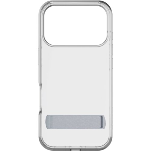 Przezroczyste etui z wbudowaną podstawką, przeznaczone do telefonu Apple iPhone 17 Pro Max. Produkt ma prostokątny kształt z dużym otworem na aparat i metaliczną podstawką na dole.