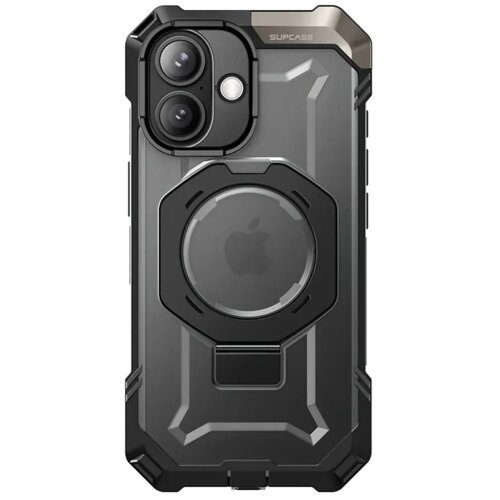 Czarne etui ochronne z wyraźnymi, geometrycznymi krawędziami i okrągłym wycięciem na logo Apple, z widocznym napisem "SUPCASE" w górnej części. Etui posiada wycięcia na dwa obiektywy aparatu i lampę błyskową.