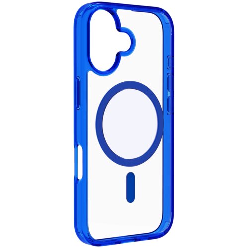 Przezroczysto-niebieskie etui na telefon z wycięciem na aparat i okrągłym wzorem na środku, przeznaczone do użytku z technologią MagSafe. Produkt ma gładkie krawędzie i otwory na przyciski boczne.