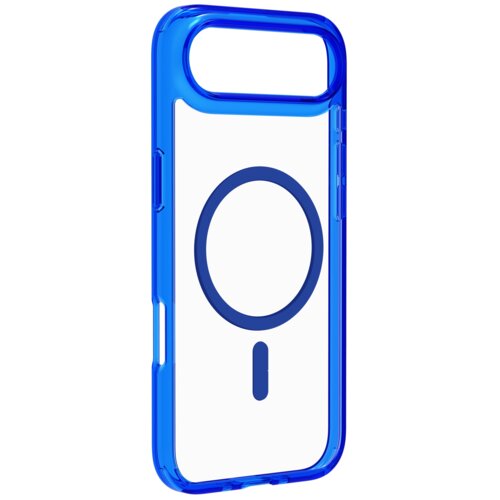 Przezroczysto-niebieskie etui na telefon z okrągłym wzorem i pionowym paskiem na środku, zaprojektowane dla technologii MagSafe. Produkt ma wycięcia na przyciski i aparat.