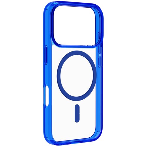 Przezroczysto-niebieskie etui na telefon z dużym okrągłym wzorem i mniejszym prostokątnym kształtem poniżej, przeznaczone do modelu Apple iPhone 17 Pro Max. Produkt posiada wycięcia na przyciski i porty.