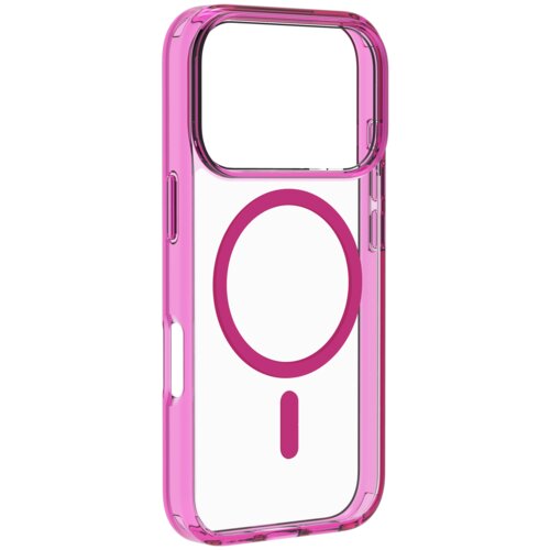 Przezroczysto-różowe etui na telefon z widocznym okrągłym wzorem na środku, przeznaczone do modelu Apple iPhone 17 Pro Max. Produkt posiada wycięcia na przyciski i aparat.