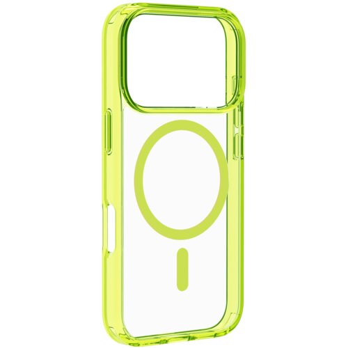 Przezroczysto-zielone etui na telefon z widocznym okrągłym wzorem na środku, przeznaczone do modelu Apple iPhone 17 Pro. Produkt ma wycięcia na przyciski i aparat.
