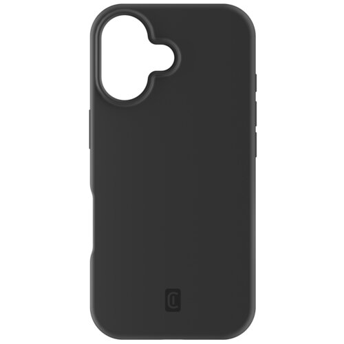 Czarne etui na telefon z wycięciem na aparat w kształcie litery "L" oraz logo producenta w dolnej części. Produkt ma gładką powierzchnię i zaokrąglone krawędzie.