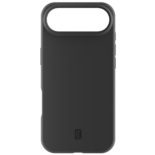 Czarne etui na telefon z dużym otworem na aparat, wykonane z gładkiego materiału. Na dole widoczne jest logo w kształcie stylizowanej litery "C".