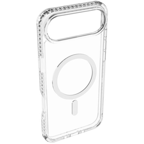 Przezroczyste etui na telefon z widocznym okrągłym wzorem na środku, przeznaczone do urządzeń z funkcją MagSafe. Produkt ma wzmocnione krawędzie i wycięcie na aparat fotograficzny.