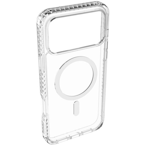 Przezroczyste etui z widocznym okrągłym wzorem na środku, przeznaczone do telefonu Apple iPhone 17 Pro, z wyraźnie zaznaczonymi krawędziami i wzmocnionymi narożnikami. Produkt jest kompatybilny z technologią MagSafe.