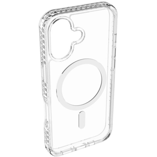 Przezroczyste etui na telefon z widocznym okrągłym wzorem na środku, przeznaczone do modelu Apple iPhone 17, z wycięciami na aparat i przyciski. Produkt jest opisany jako "Etui CELLULARLINE Ultra Strong MagSafe do Apple iPhone 17 Przezroczysty".