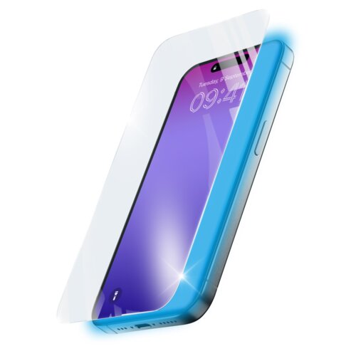 Na zdjęciu widoczny jest telefon z nałożonym szkłem hartowanym, które ma niebieskawy odcień. Na ekranie telefonu wyświetlana jest godzina 09:44 oraz data "Tuesday, 9 September".