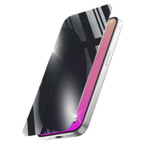 Na zdjęciu widoczne jest szkło hartowane CELLULARLINE Xtreme Glass Privacy, które jest nałożone na ekran smartfona, ukazując efekt przyciemnienia dla ochrony prywatności. Szkło ma błyszczącą powierzchnię, a na ekranie telefonu widoczny jest gradient kolor