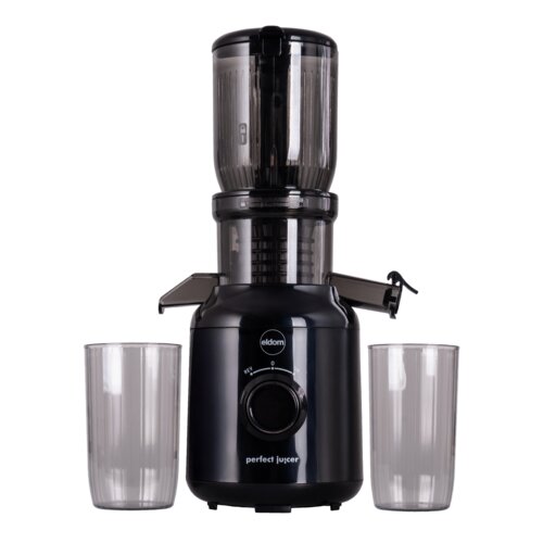 Czarna wyciskarka wolnoobrotowa z logo "eldom" i napisem "perfect juicer" na korpusie, z dwoma przezroczystymi pojemnikami po bokach. Na urządzeniu widoczny jest pokrętło z oznaczeniami "REV" i "0".