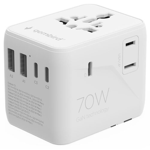 Biały adapter podróżny z logo "gembird" na górze, posiadający różne porty USB oznaczone jako A1, A2, C1, C2, C3 oraz napis "70W GaN technology" na boku. Na urządzeniu widoczna jest specyfikacja techniczna dotycząca wyjść, w tym wartości napięcia i prądu.