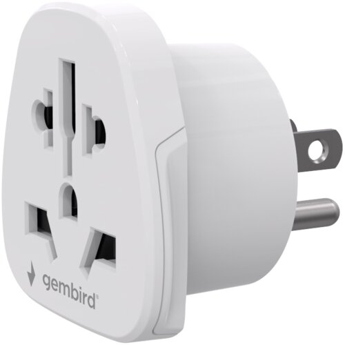 Biały adapter podróżny z różnymi otworami na wtyczki, z widocznym logo "gembird" na przodzie. Adapter ma metalowe bolce do podłączenia do gniazdka elektrycznego.